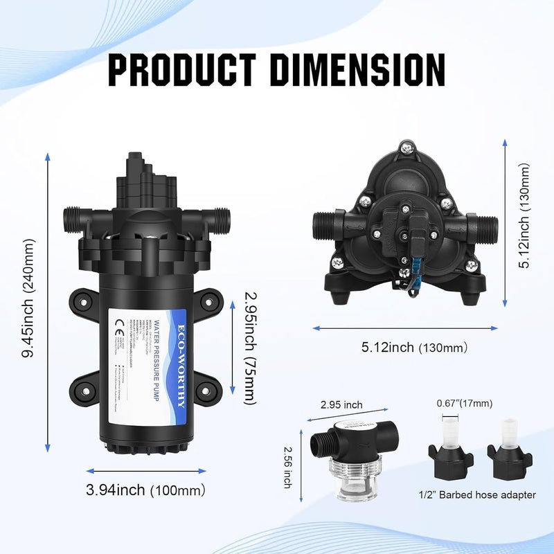 ECO-WORTHY 33-Series Water Pressure Diaphragm Pump Industrial 110V AC 4.0GPM Flow 50PSI Rated Pressure Self Priming RV Fresh Water Pump for Camper Kitchen Bathroom Marine Yacht Caravan - Image 2